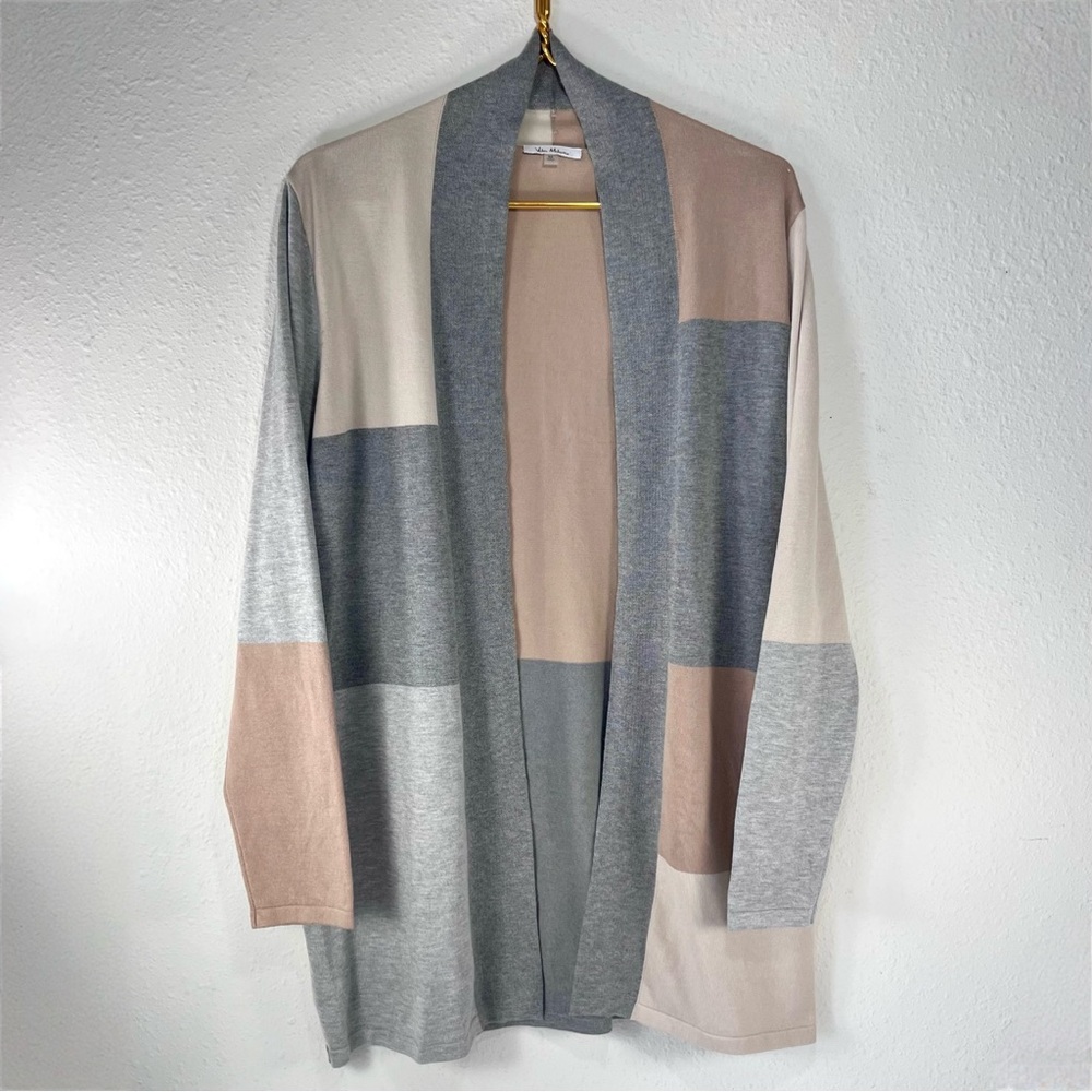 Vila Milano Open Front Colorblock Cardigan Sweater Size M Gray, Beige, Tan